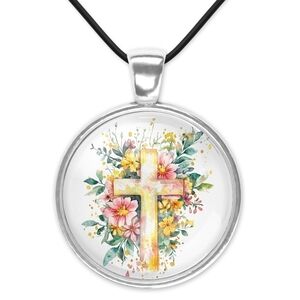 Floral Cross Pendant Necklace 1 Inch